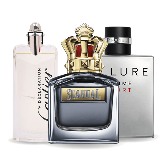 Combo di 3 profumi: Allure Homme Sport, Scandal di Jean Paul Gaultier, Déclaration di Cartier da 100 ml