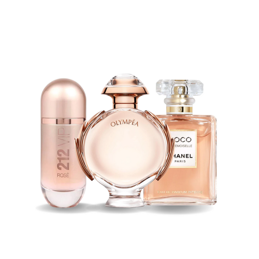 Combo di 3 profumi: 212 VIP Rosé di Carolina Herrera, Olympéa di Paco Rabanne e Coco Mademoiselle di Chanel